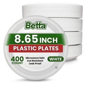 Betta Disposable Plastic Dinner Plates, White, 400 Count, Microwave Safe